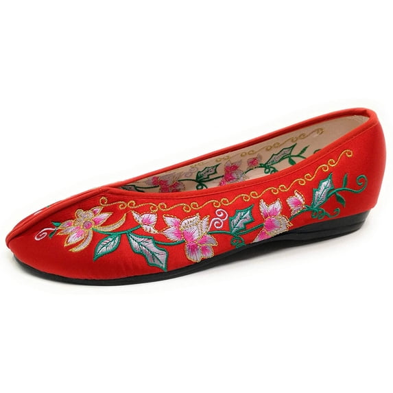 TJ Global Women's Traditional Chinese Flower Embroidery Flats - Totem Style Loafers Comfortable Round Toe Ballet, Cheongsam (Red, Size 8)