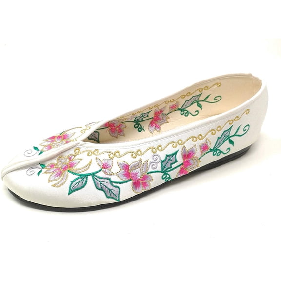 TJ Global Women's Traditional Chinese Flower Embroidery Flats - Totem Style Loafers Comfortable Round Toe Ballet, Cheongsam (White, Size 6)