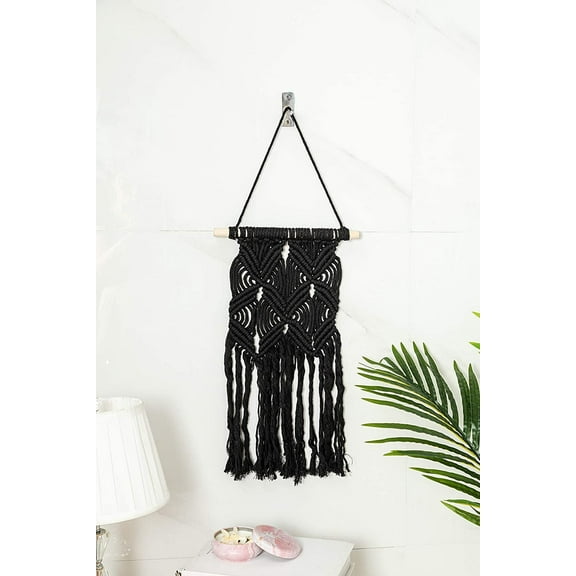 TJ Global Woven Macrame Wall Hanging, Handmade Boho Chic Wall Decor Decoration Home Decor Ornament Craft Gift, 18 inch x 10 inch (Black)