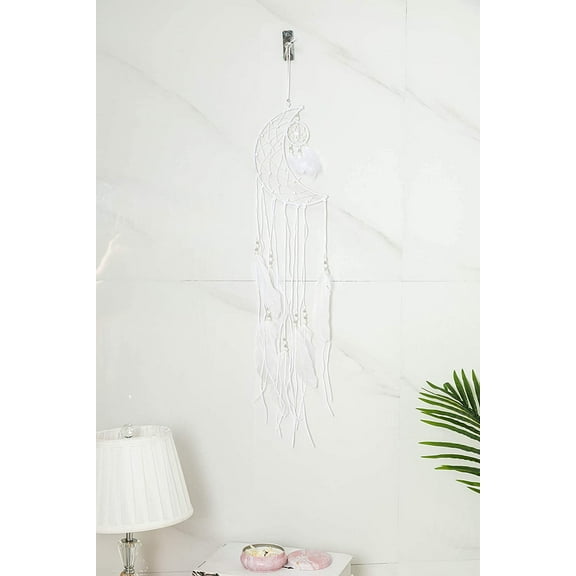 TJ Global Woven Moon Macrame Dream Catcher Wall Hanging with Feather Tassels, Handmade Dreamcatcher, Boho Decoration Home Decor Ornament Craft Gift, 29 Inch White (with Mini Dream Catcher Attachment)