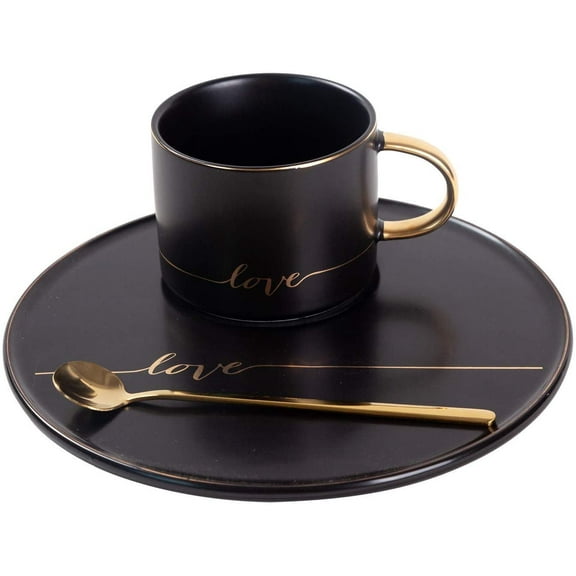 TJ Gobal Porcelain Coffee Mug, Tea Cup with Saucer and Golden Spoon with Gold Scripted Love and Trim for Espresso, Hot Chocolate, Cappuccino, and Latte, 8 Oz. Black