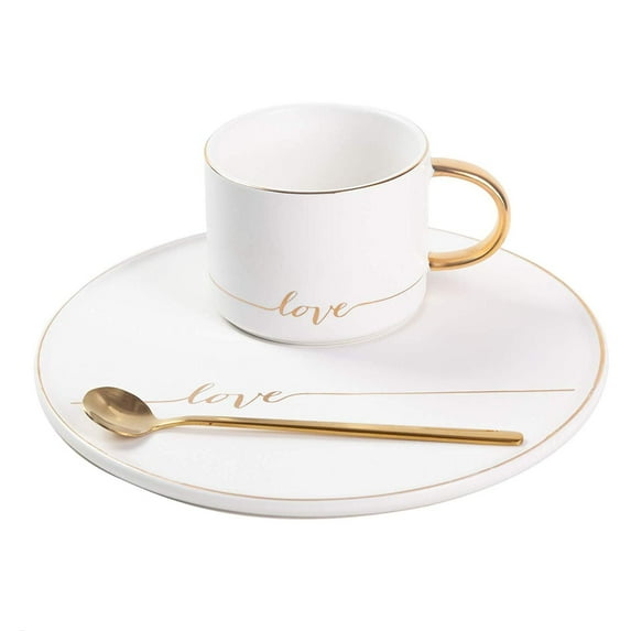 TJ Gobal Porcelain Coffee Mug, Tea Cup with Saucer and Golden Spoon with Gold Scripted Love and Trim for Espresso, Hot Chocolate, Cappuccino, and Latte, 8 Oz. White
