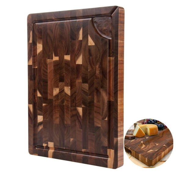 TJ POP End Grain Cutting Board 15"x11"x1.2'', Premium Acacia Wood Cutting Board with Juice Groove, TJ POP Medium Chopping Board for Kitchen, Butcher Block, 1.2" Thick