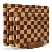 TJ POP 4-Piece Checkered Cutting Board Set, Wood Checkerboard Cutting Boards for Kitchen with Stand, Chopping Board Set with Juice Groove & Handle for Meat, Veg