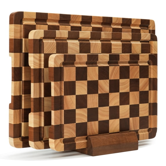 TJ POP 4-Piece Checkered Cutting Board Set, Wood Checkerboard Cutting Boards for Kitchen with Stand, Chopping Board Set with Juice Groove & Handle for Meat, Vegetables, Cheese & Serving