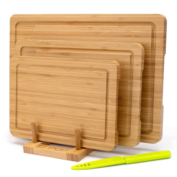 TJ POP 5-Piece Bamboo Cutting Board set , 3 PC Cutting Boards With Stand And Fruit Knife