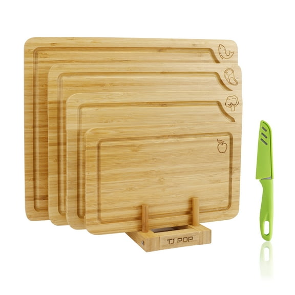 TJ POP Bamboo Cutting Board Set of 4, Chopping Boards with Food Icons for Kitchen, Charcuterie Board for Meat, Vegetables, Fruits, Cheese