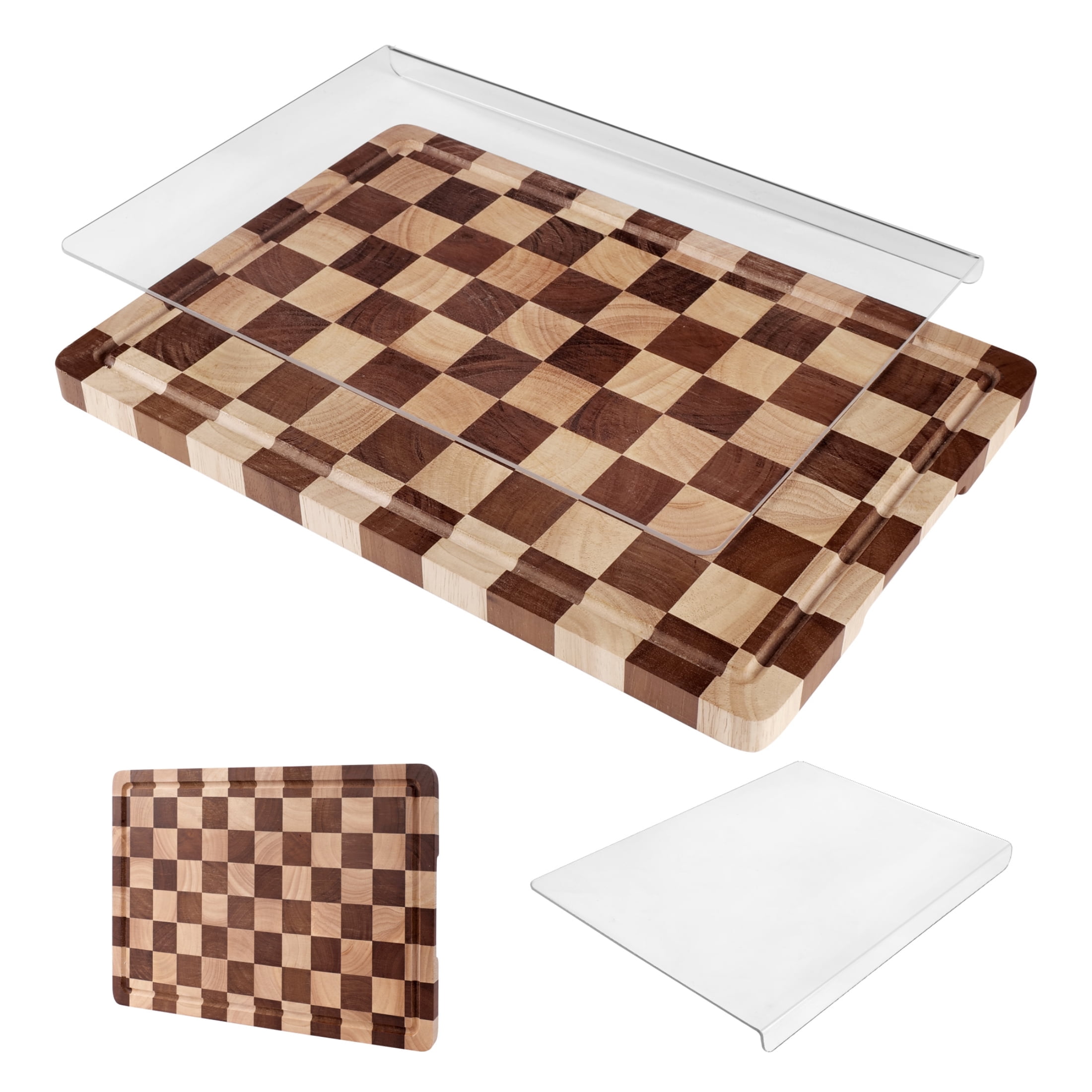 TJ POP Cutting Board Set of 2 – Checkered Wood & Acrylic Cutting Board with Counter Lip for Kitchen Counter, Wood Checkerboard Chopping Board with Juice Grooves for Vegetables, Fruits, Meat