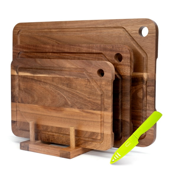 TJ POP Wood Cutting Board For Kitchen, Acacia Wood Chopping Board Set of 3 with Juice Groove, Double-Sided Chopping Board Serving Board with Hanging Hole for Meat, Vegetables and Cheese