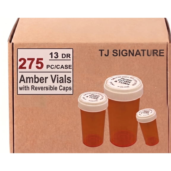 TJ SIGNATURE Empty Pill Bottles 13 Dram Amber Reversible Caps (275 Pack)