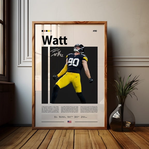 TJ Watt No.90 Poster – Steelers Football Wall Art Size 24x36 Unframed Poster