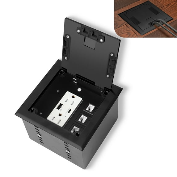 KYHSHJ Recessed Flat Hidden Socket Kit with 2 * 15A Receptacle,4.8A 1 USB-A Ports &1 USB-C Port+3-Port RJ45 Datacom Receptacle. Internal Height Adjustable,Corrosive Resistant Hardware,Black