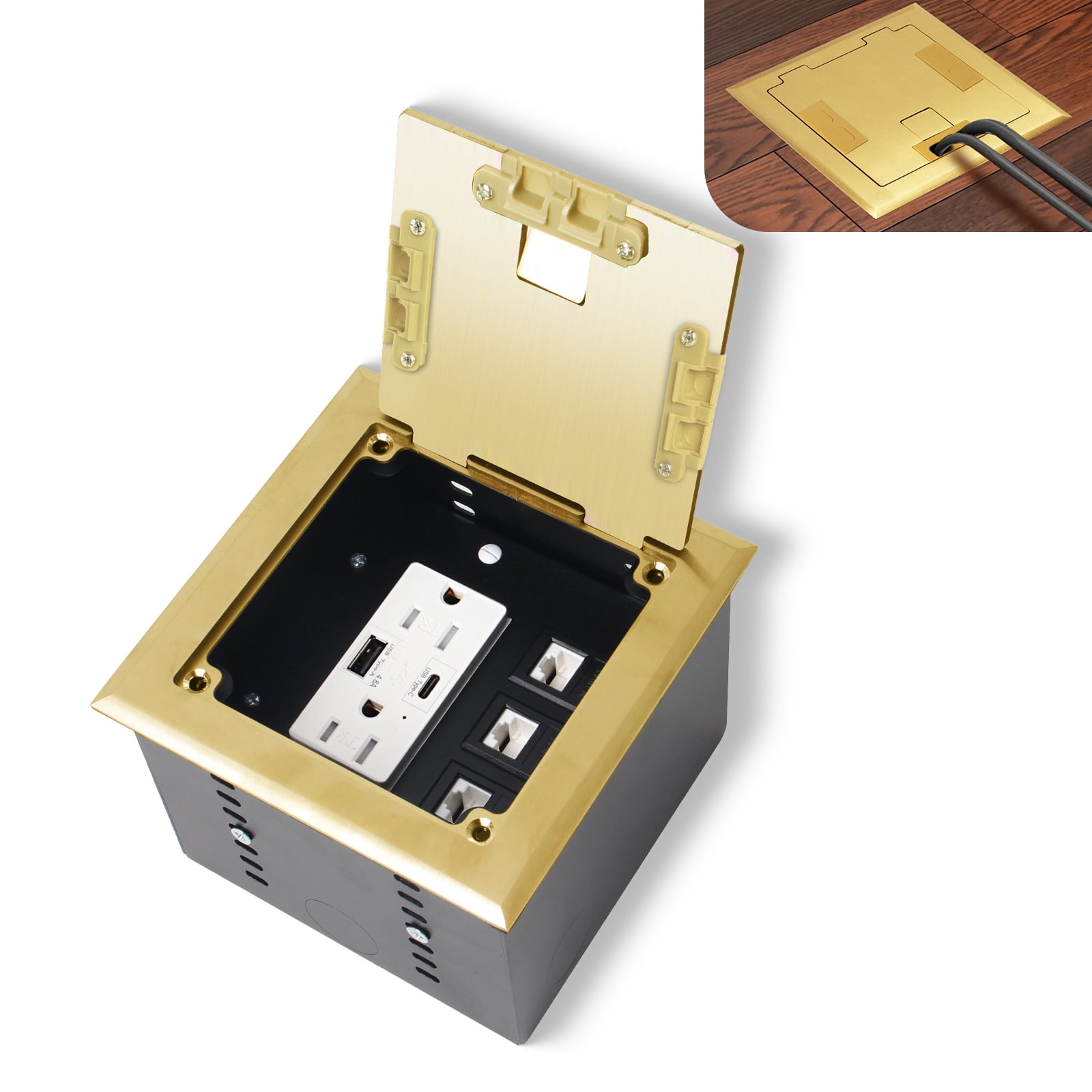 KYHSHJ Recessed Flat Hidden Socket Kit with 2 * 15A Receptacle，4.8A 1 USB-A Ports &1 USB-C Port+3-Port RJ45 Datacom Receptacle. Internal Height Adjustable，Corrosive Resistant Hardware,Brass