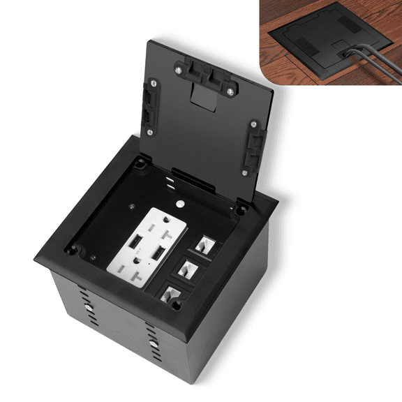 KYHSHJ Recessed Flat Hidden Socket Kit with 2 * 20A Receptacle,4.8A*2 USB-A Ports +3-Port RJ45 Datacom Receptacle. Internal Height Adjustable,Corrosive Resistant Hardware,Black
