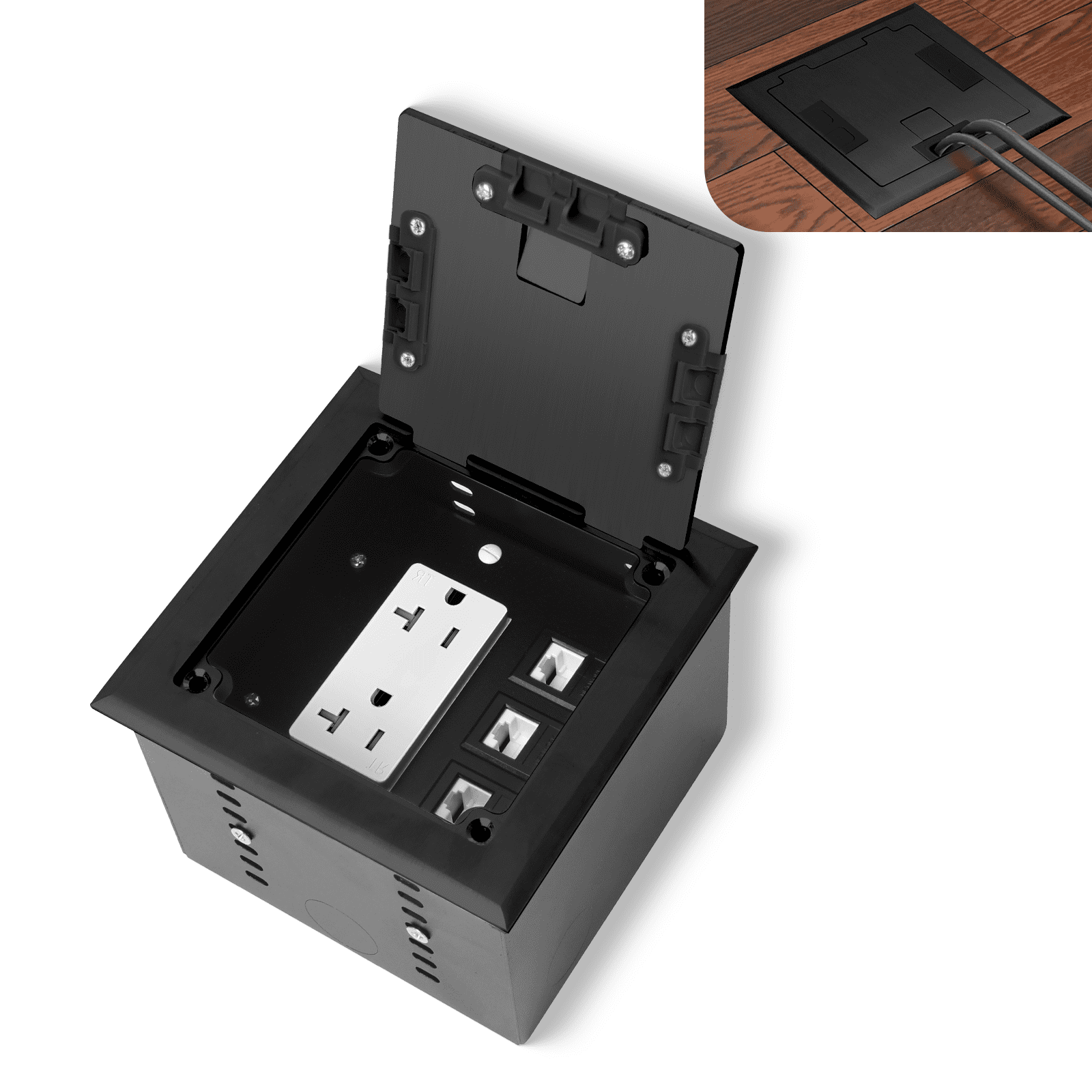 KYHSHJ Recessed Flat Hidden Socket Kit with 20 Amp Stainless Steel TR Receptacle Outlet Stainless+3-Port RJ45 Datacom Receptacle.Internal Height Adjustable，Corrosive Resistant Hardware，Black