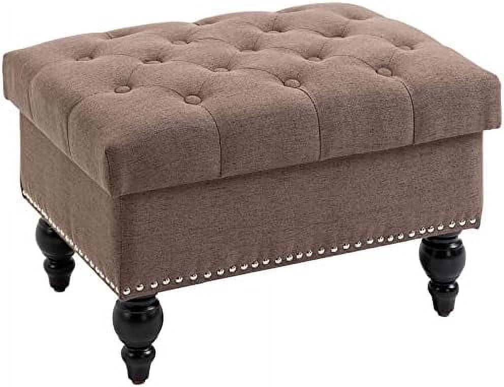 Taupe Tufted Fabric Ottoman with Turned Wood Legs