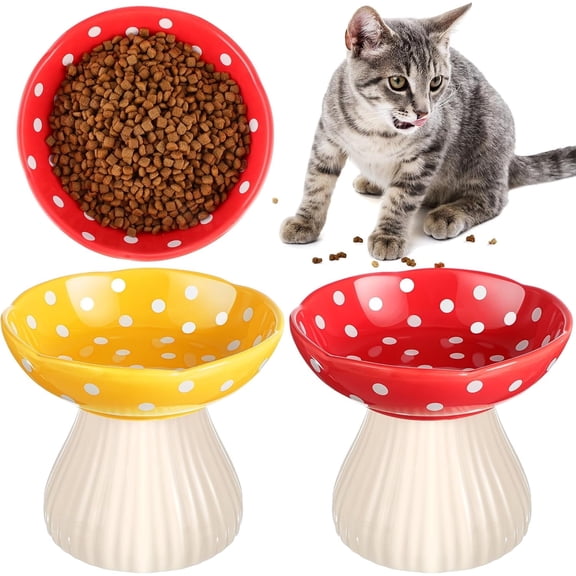 TJOUL 2 Pcs Elevated Ceramic Cat Bowls Whisker Friendly Raised Cat Food and Water Dishes Wide Feeding Bowls for Flat Faced Kittens Raised Pet Dishes for Easy Feeding(Red Yellow)