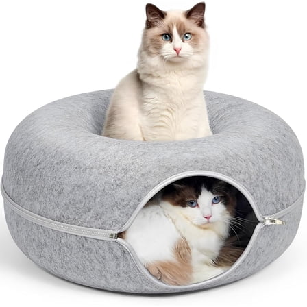 TJOUL 24inch-Tunnel Bed for Indoor,cattasaurus Peekaboo cat cave for Multiple,Detachable Felt Felt Washable Interior for Indoor Cats,Donut Tunnel (Light Gray)