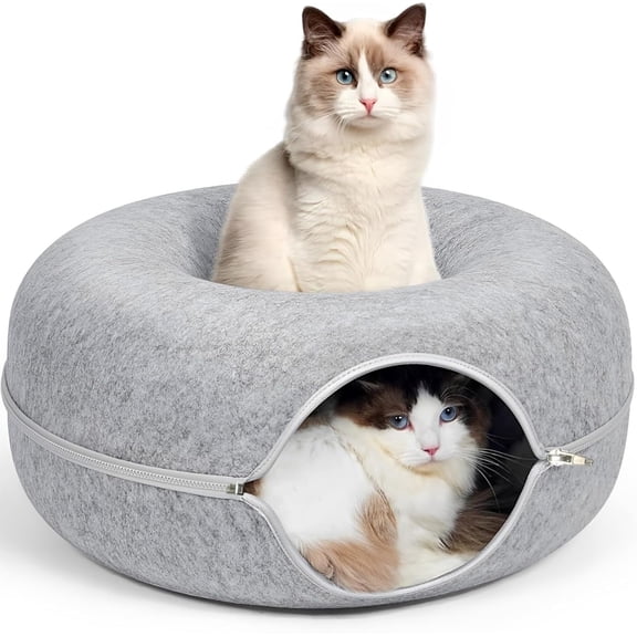 TJOUL 24inch-Tunnel Bed for Indoor,cattasaurus Peekaboo cat cave for Multiple,Detachable Felt Felt Washable Interior for Indoor Cats,Donut Tunnel (Light Gray)