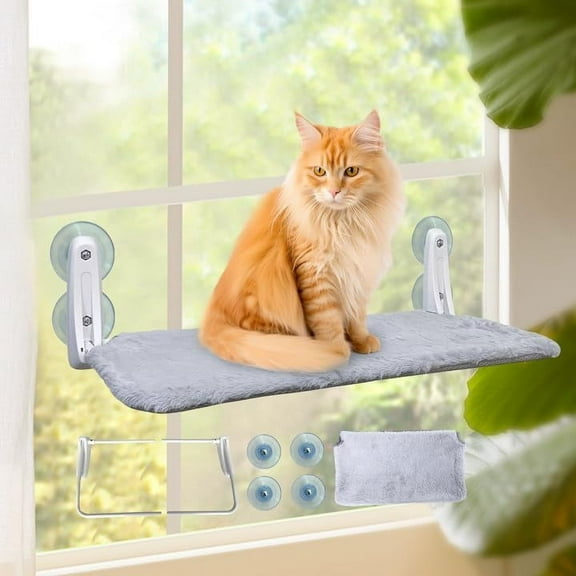 TJOUL 2PC Cat Window Perch Cushion Bed Cat Window Hammock with 4 Updated Suction Cups Easy to Assemble Cat Window Bed for Heavy Large Cats (L 2Pc)