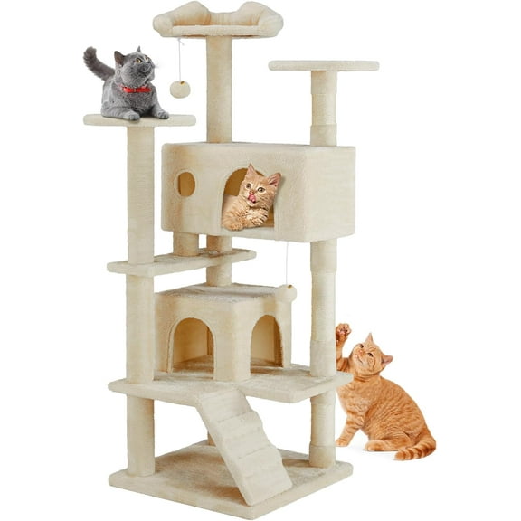 TJOUL 54 Inch Cat Tree Tower, Multi-Level with Cat Scratching Post, Indoor Cat Condo with Climbing Ladder, Plush Toy, Play House for Cat, Light Grey