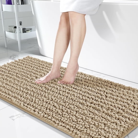 TJOUL Bathroom Rug – Extra Soft, Absorbent, Non-Slip, Quick Dry Chenille Bath Mat, Machine Washable, 60" x 24", Pale Khaki
