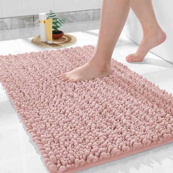 TJOUL Bathroom Rugs Non Slip Washable - Ultra Soft Absorbent Chenille Bath Mat, Quick Dry Shaggy Floor Carpet for Tub Shower, Silver Home Decor Accessories, 24x17 Inch(Light Pink)