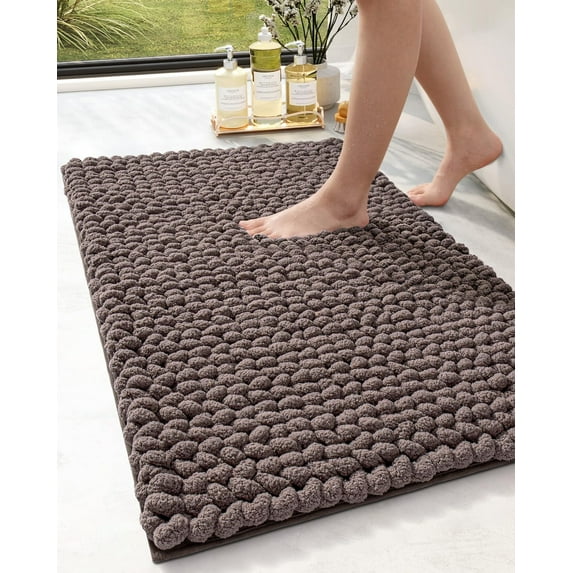 TJOUL Bathroom Rugs 24x43, Non Slip Washable Bath Mat, Luxury Chenille Super Absorbent Thick Bathmats for Shower Floor, Plush Fluffy Shaggy Carpet for Tub, Brown