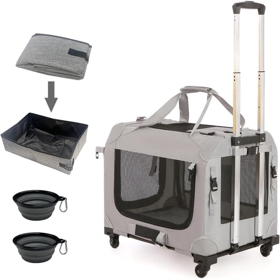 TJOUL Extra Large Cat Carrier Soft Sided with Wheels Folding Small Medium Dog Pet Carrier 24"x16.5"x16" Travel Collapsible Ventilated Comfortable Design Portable Vehicle