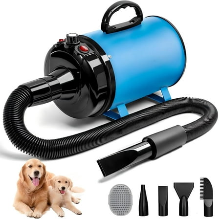 TJOUL High Velocity Dog Hair Dryer 5.2HP/ 3800W Professional Dogs Blower Grooming Dryer, Adjustable Temperature and Speed Pet Dryers with 4 Nozzles and a Comb, Blue