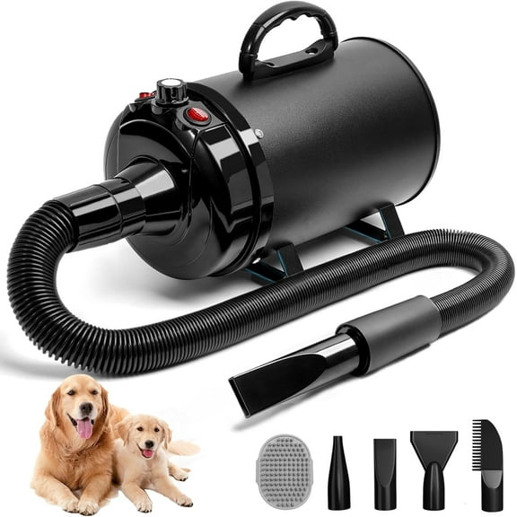 TJOUL High Velocity Dog Hair Dryer 5.2HP/ 3800W Professional Dogs Blower Grooming Dryer, Adjustable Temperature and Speed Pet Dryers with 4 Nozzles and a Comb, Black