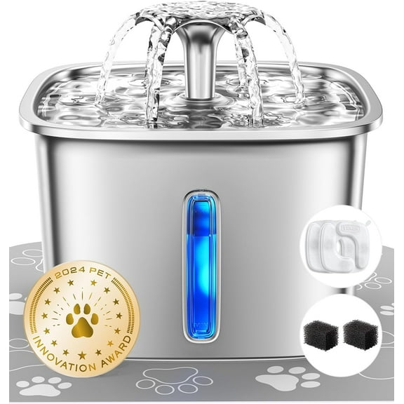TJOUL Innovation Award Winner Stainless Steel Cat Water Fountain, 95oz/2.8L Automatic Pet Fountain with 6 Replacement Filters & 6 Pre-Filter Sponges & Silicone Mat for Cats, Dogs (Silver)