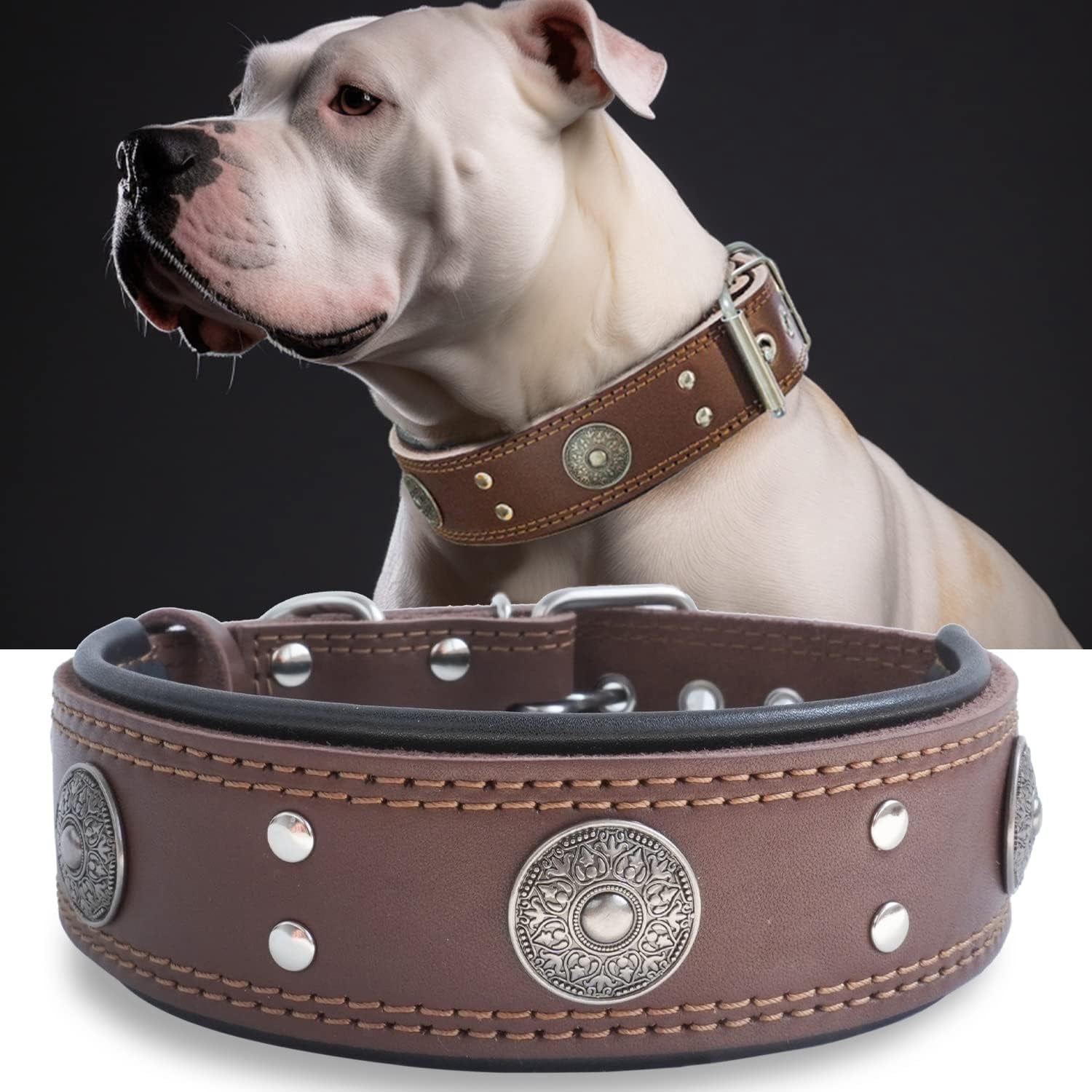 TJOUL Leather Dog Collar, 2 inches Wide Heavy Duty Genuine Leather Collars, Handmade, Soft, and Luxury, Eye-catching Best Choice for Large and Medium Breed Dogs 22.5-26.5 inches