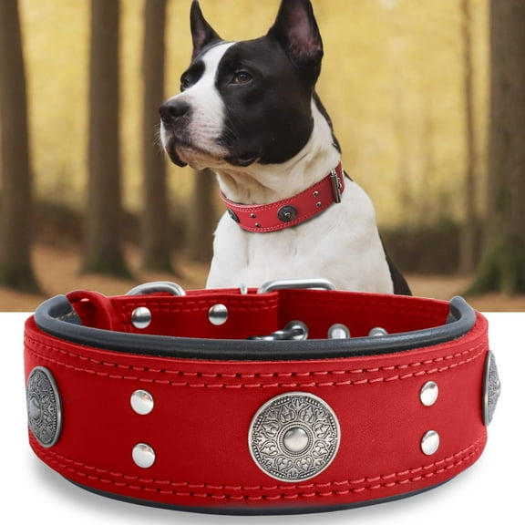 TJOUL Leather Dog Collar, 2 inches Wide Heavy Duty Genuine Leather Collars, Handmade, Soft, and Luxury, Eye-catching Best Choice for Large and Medium Breed Dogs 22.5-26.5 inches