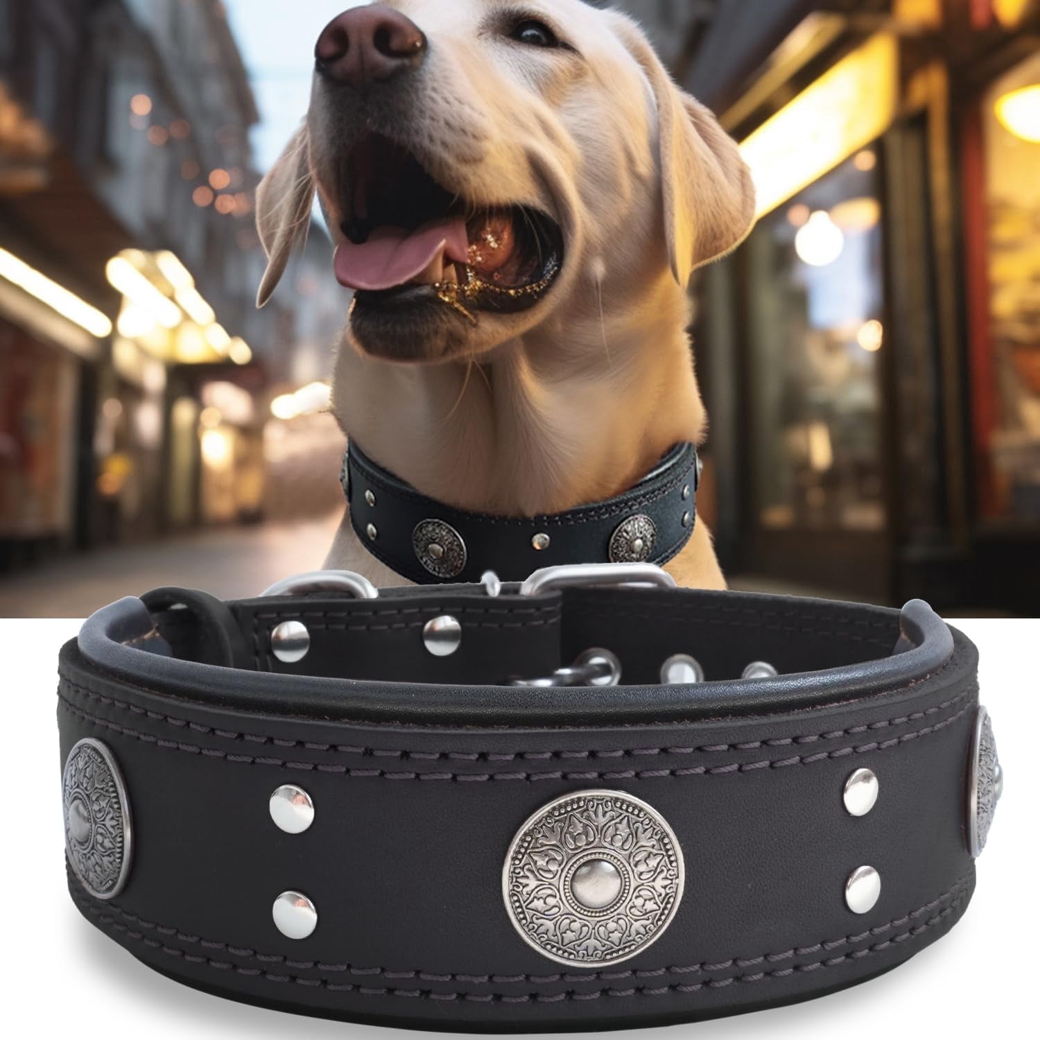TJOUL Leather Dog Collar, 2 inches Wide Heavy Duty Genuine Leather Collars, Handmade, Soft, and Luxury, Eye-catching Best Choice for Large and Medium Breed Dogs 22.5-26.5 inches
