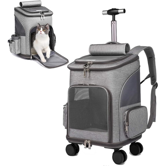 TJOUL Wheeled Pet Carrier Backpack Pet Stroller, Travel Carrier, Car Seat for Small Dogs Cats Puppies, Comfort Cat Backpack Removable Rolling Wheels – Mesh Ventilation Windows (Grey)