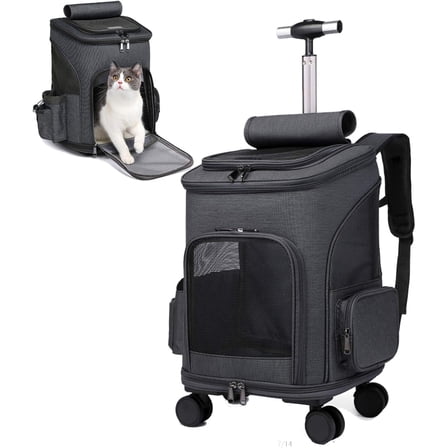 TJOUL Wheeled Pet Carrier Backpack Pet Stroller, Travel Carrier, Car Seat for Small Dogs Cats Puppies, Comfort Cat Backpack Removable Rolling Wheels – Mesh Ventilation Windows (Black)