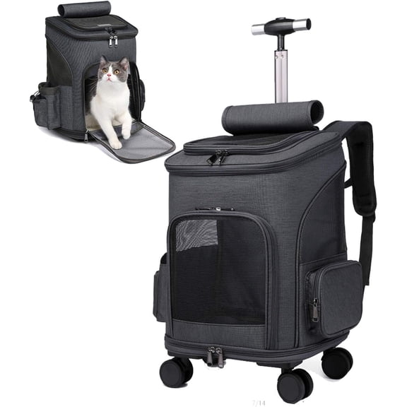 TJOUL Wheeled Pet Carrier Backpack Pet Stroller, Travel Carrier, Car Seat for Small Dogs Cats Puppies, Comfort Cat Backpack Removable Rolling Wheels – Mesh Ventilation Windows (Black)