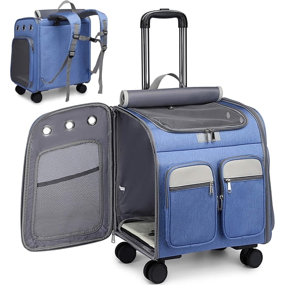 TJOUL Wheeled Pet Carrier Backpack Pet Stroller, Travel Carrier, Car Seat for Small Dogs Cats Puppies, Comfort Cat Backpack Removable Rolling Wheels – Mesh Ventilation Windows (Large Blue)