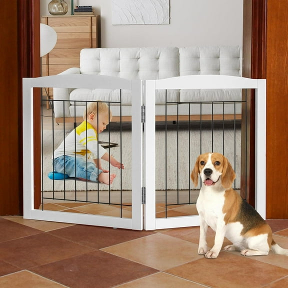 TJOULFreestanding Foldable Dog Gate for House Extra Wide Wooden White Indoor Puppy Gate Stairs Dog Gates Doorways Tall Pet Gate 4 Panels Fence