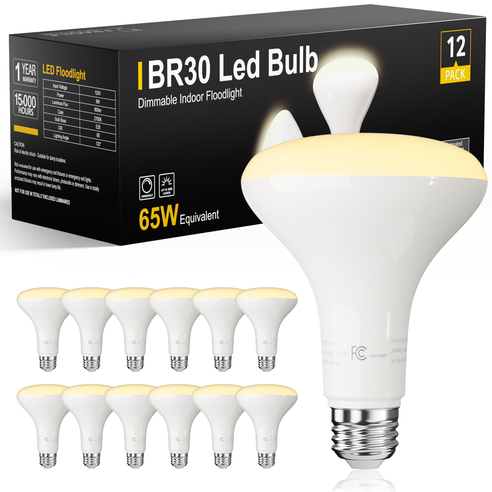 TJOY 12 Pack BR30 Led Bulbs 65W Equivalent, Dimmable Indoor Flood Lights Bulb, E26 Base, 2700K Soft White, 9W, 800 LM, Recessed Lighting Bulb for Ceiling, Recessed Can, Living Room and Kitchen