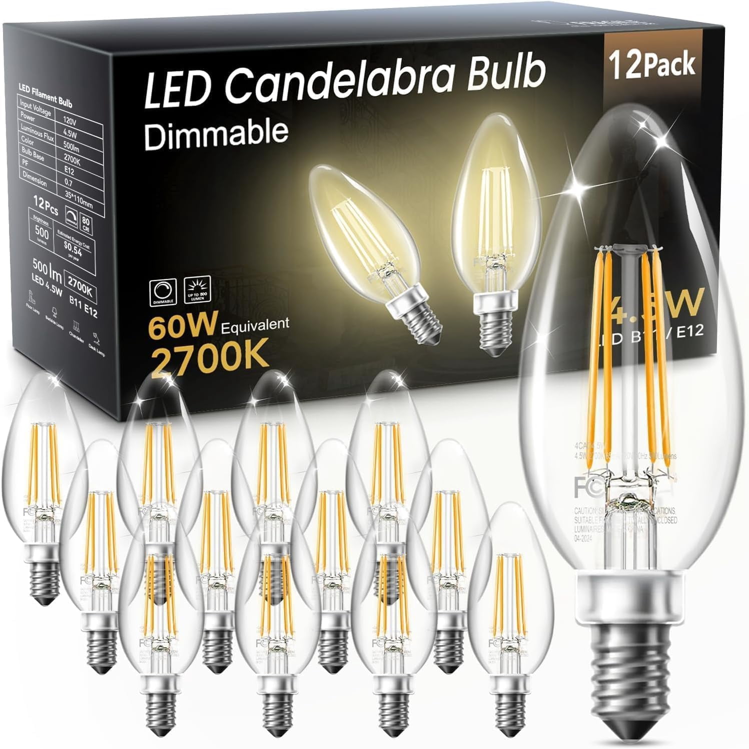 TJOY 12 Pack E12 Led Candelabra Bulbs 60W Equivalent, Dimmable Chandelier Light Bulbs, High Brightness 500 LM Warm White 2700K, B11 Filament Candle Light Bulbs, Clear Glass Style for Home