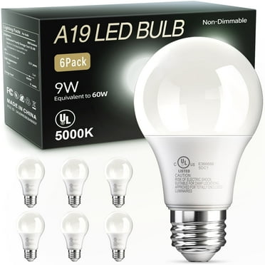 TJOY 6 Pack A19 LED Light Bulbs, 60 Watt Equivalent LED Bulb, Efficient 9W, Daylight 5000K, E26 Standard Base, Bright White Light Bulb, Non Dimmable, Energy Saving, 800LM, 80+ CRI, 120V, UL Listed