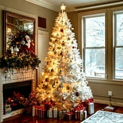 TJOY 6ft Artificial Christmas Tree, Snow Flocked Christmas Pine Tree, with 210 Warm White Lights, 627 White Tips Branch, Includes Metal Stand for Xmas Holiday, Indoor and Outdoor Decor