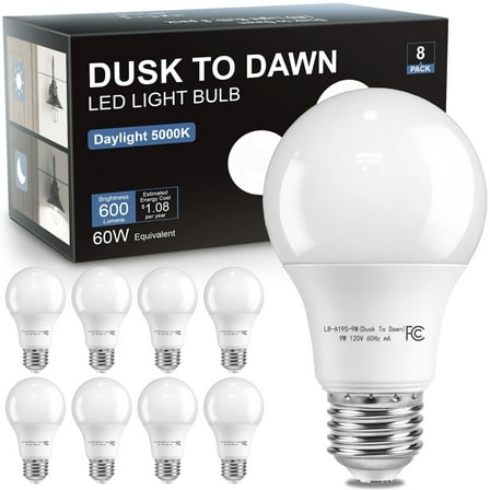 TJOY Dusk to Dawn Light Bulbs Outdoor 60 Watt Equivalent, Automatic On/Off Sensor LED Light Bulb, 9W Daylight 5000K, 800Lumen, A19 E26 Bulbs, 8pack
