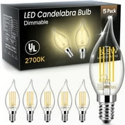 TJOY LED Candelabra Bulb Dimmable, 60W Equivalent LED Chandelier Light Bulbs, 5.5W 2700K Warm White 600LM CA11 Flame Tip Vintage LED Filament Candle Bulb with Decorative E12 Candelabra Base, 5Pack
