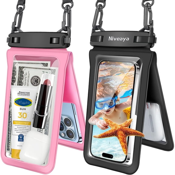 TJS [2 Pack] Up to 10.5" Double Space Large Waterproof Phone Pouch Bag with Lanyard, IPX8 Waterproof Cellphone Dry Bag Case for iPhone 17 16 15 14 13 Pro Max Galaxy S26 S25 S24 Ultra (Black+Pink)