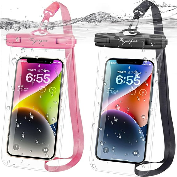TJS [2 Pack] Up to 7.5" Large Waterproof Phone Pouch Bag with Lanyard, IPX8 Waterproof Cellphone Underwater Dry Bag Case for iPhone 16 15 Pro Max 14 Pro 13 12 Galaxy S23 Ultra S22 Series (Black+Pink)