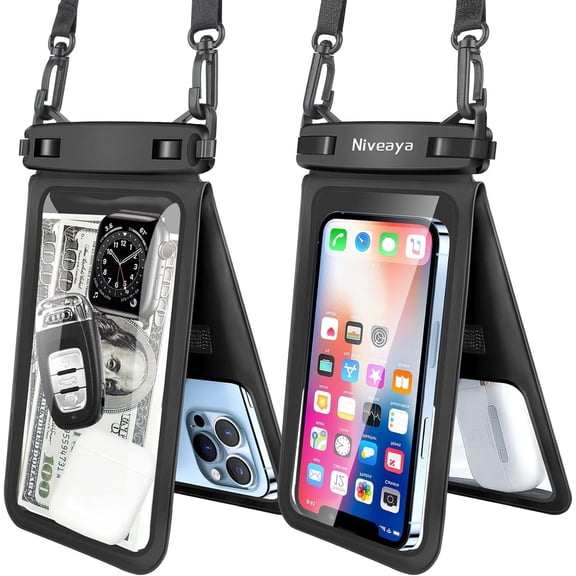 TJS [2 Pack] Up to 7" Double Space Waterproof Phone Pouch Bag with Lanyard, IPX8 Waterproof Cellphone Dry Bag Case for iPhone 15 Pro Max 14 Pro 13 12 Galaxy S23 Ultra S22 Series (Black+Black)