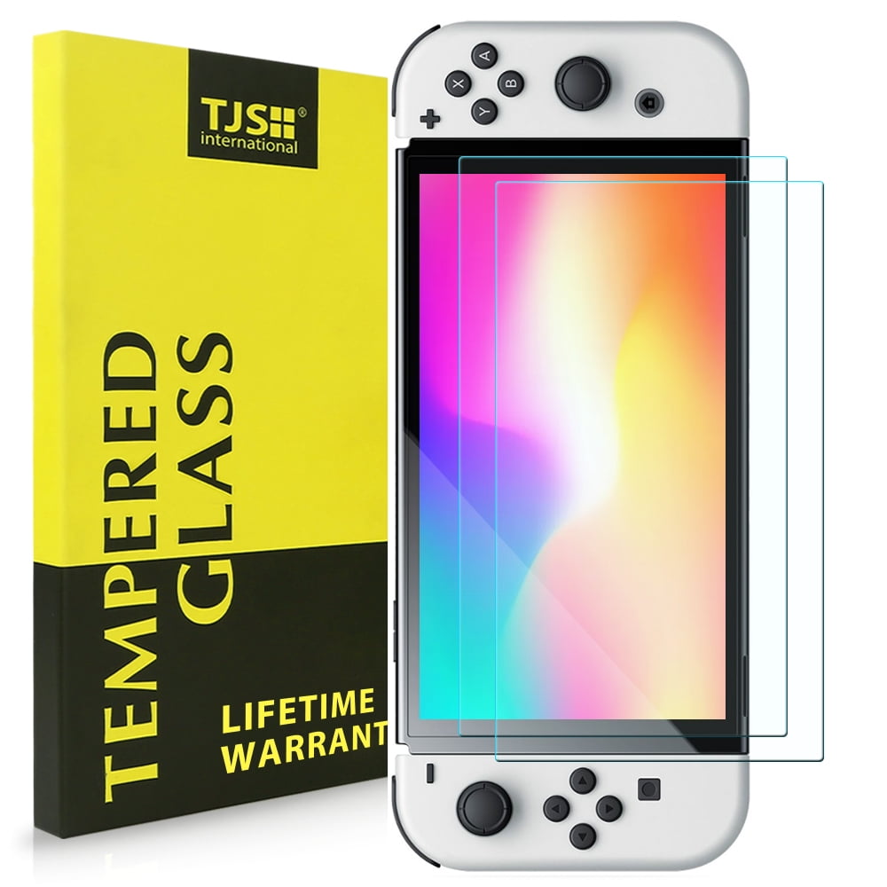 TJS [2 Pack] Screen Protector Tempered Glass for Nintendo Switch OLED Model 2021 [Works While Docking] - 0.3mm Thickness/Bubble Free/Ultra Clear/9H Hardness/Ant